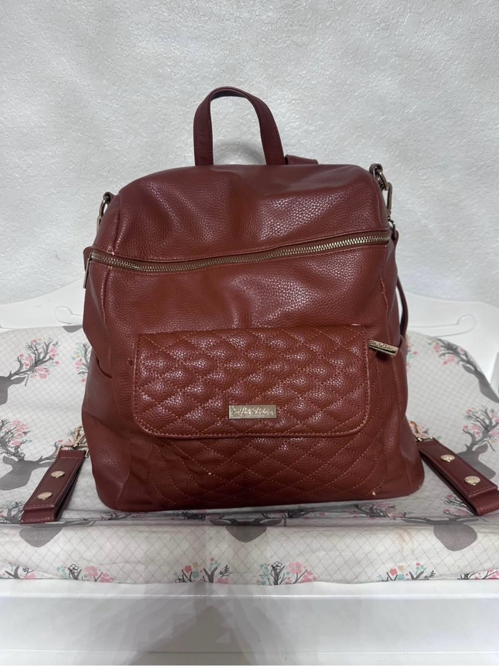 Quilted Front Pocket Faux Leather Backpack in Deep Wine Red